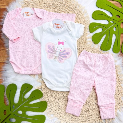  CONJ. DE MALHA 3 PEÇAS - Borboletinha - Rosa e Off White